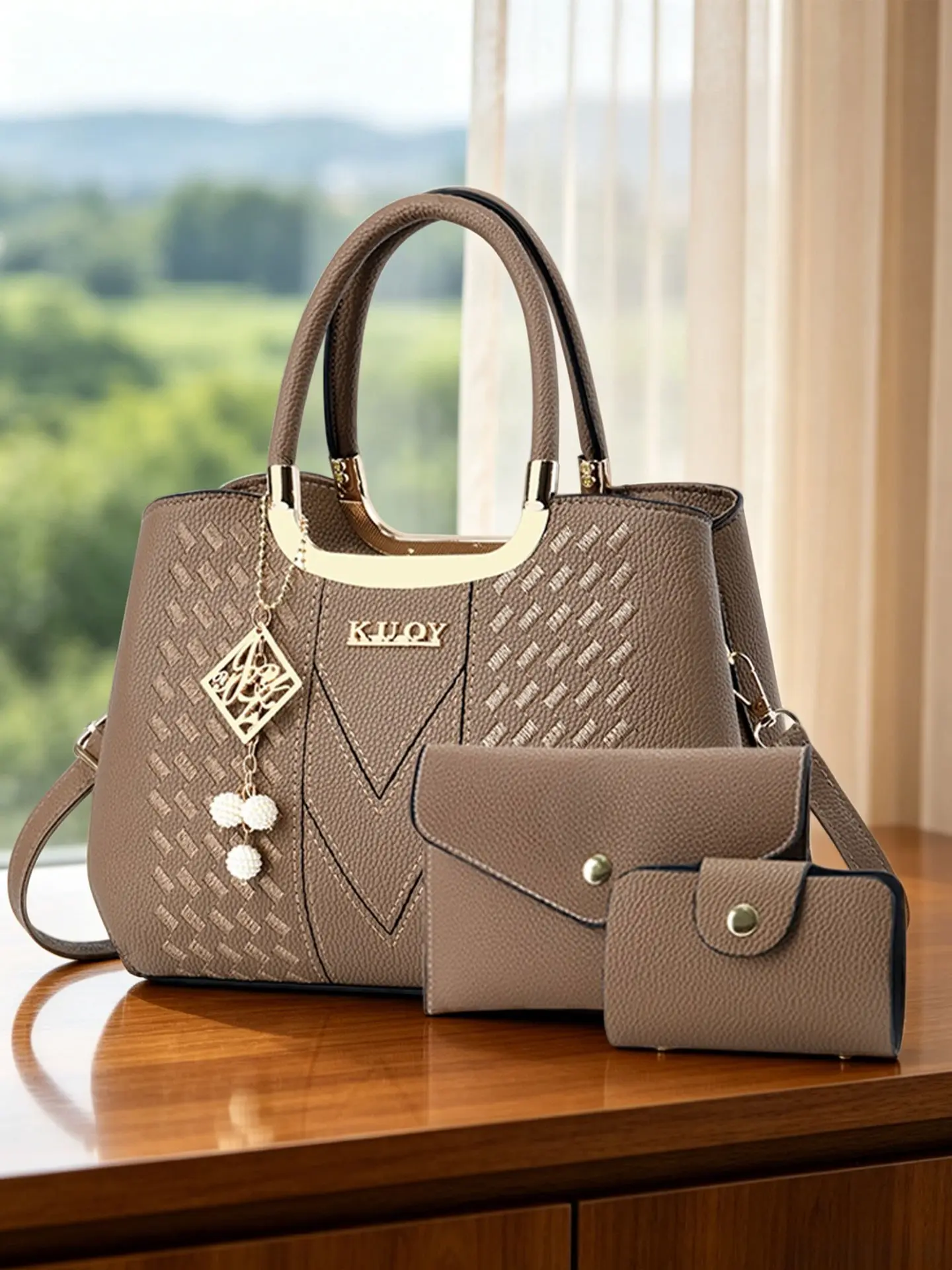 3-piece handbag set with litchi grain, solid-color women's Crossbody Handbag Sets, Crossbody shoulder purses, casual handbag, with metal hardware pendants and adjustable shoulder straps, ideal as birthday and holiday gifts for others