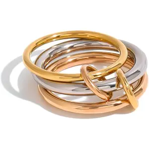14K Gold Plated Stackable Rings for Women Set - Waterproof Non Tarnish Stainless Steel Gold Stacking Rings - Dainty Two Tone Wave Band Ring Set for Women Size 5-10 Never Fades