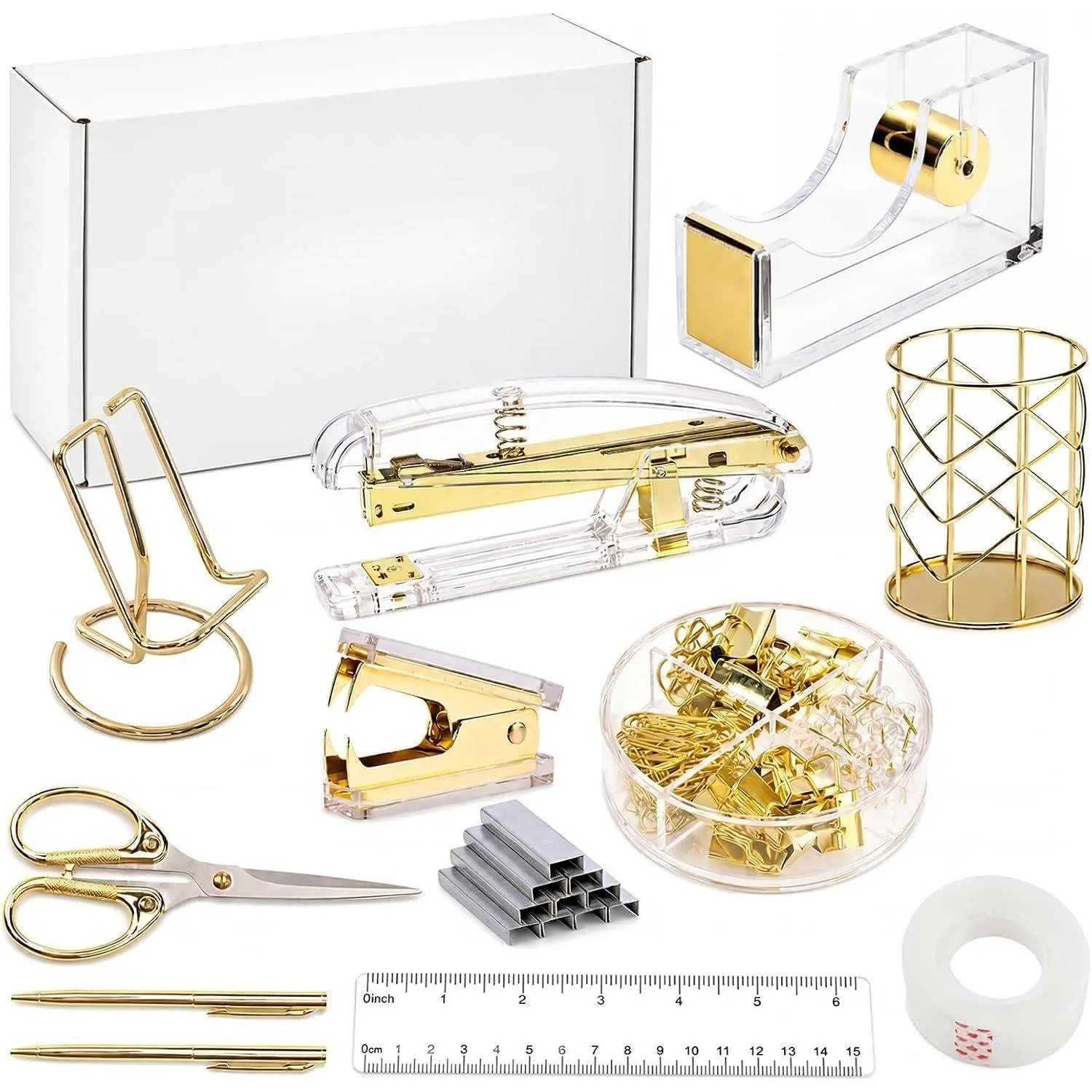 Office Supplies Set Desk Accessories,  Stapler Set Staple Remover, Phone Holder, Tape Holder, Pen Holder, 2 Ballpoint Pen, Scissor, Binder Clips, Ruler, Transparent Glue and .