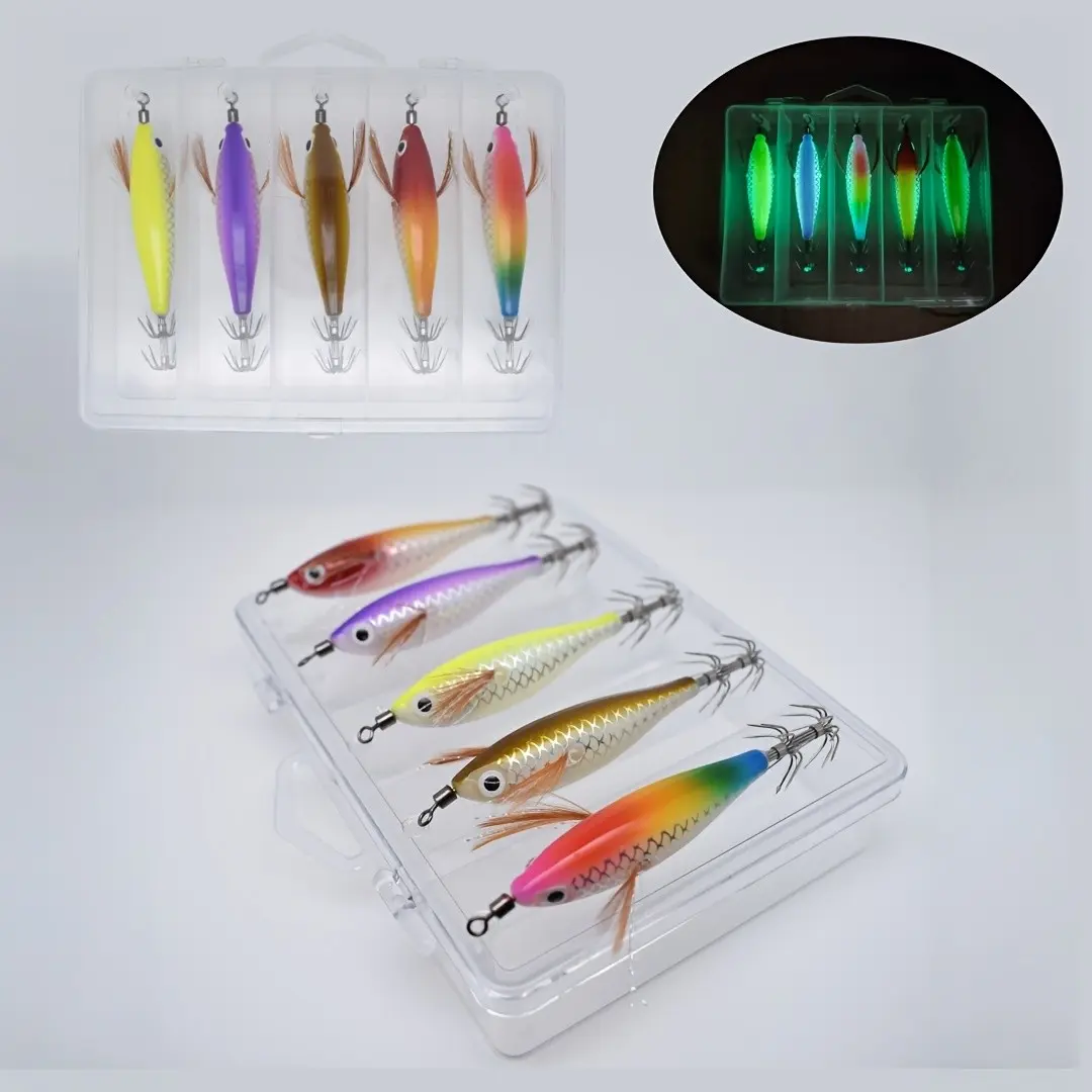 5-Pack Glow-In-The-Dark Squid Lures, Multi-Color PP & Stainless Steel, Realistic Shrimp-Squid Design, Freshwater Saltwater Fishing, Gift Box