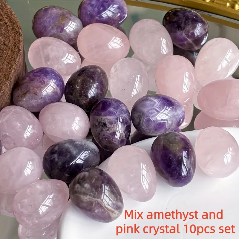 10pcs Natural Egg-Shaped Crystal Stones, Amethyst and Rose Quartz Pocket Guardian DIY Jewelry Crystals, Chakra Balancing Polished Gemstones