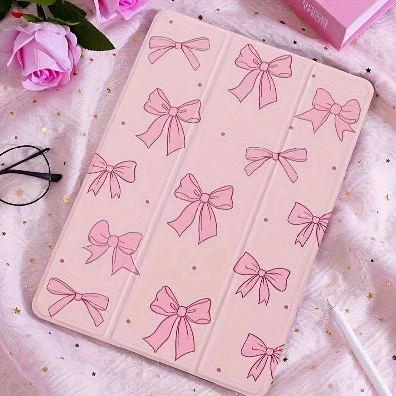 Pink Full-Screen Bow Pattern Tablet Casing with Adjustable Bracket & Pen Slot Foldable Non-Slip TPU Protective Case for iPad Mini Air Pro 10th 11th Gen