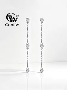 Elegant 925 Silver Chain Three-Stone Long Earrings, Unisex Fashion Jewelry, Vintage Style, High-Quality, 0.3 Carat X 2, Versatile Design