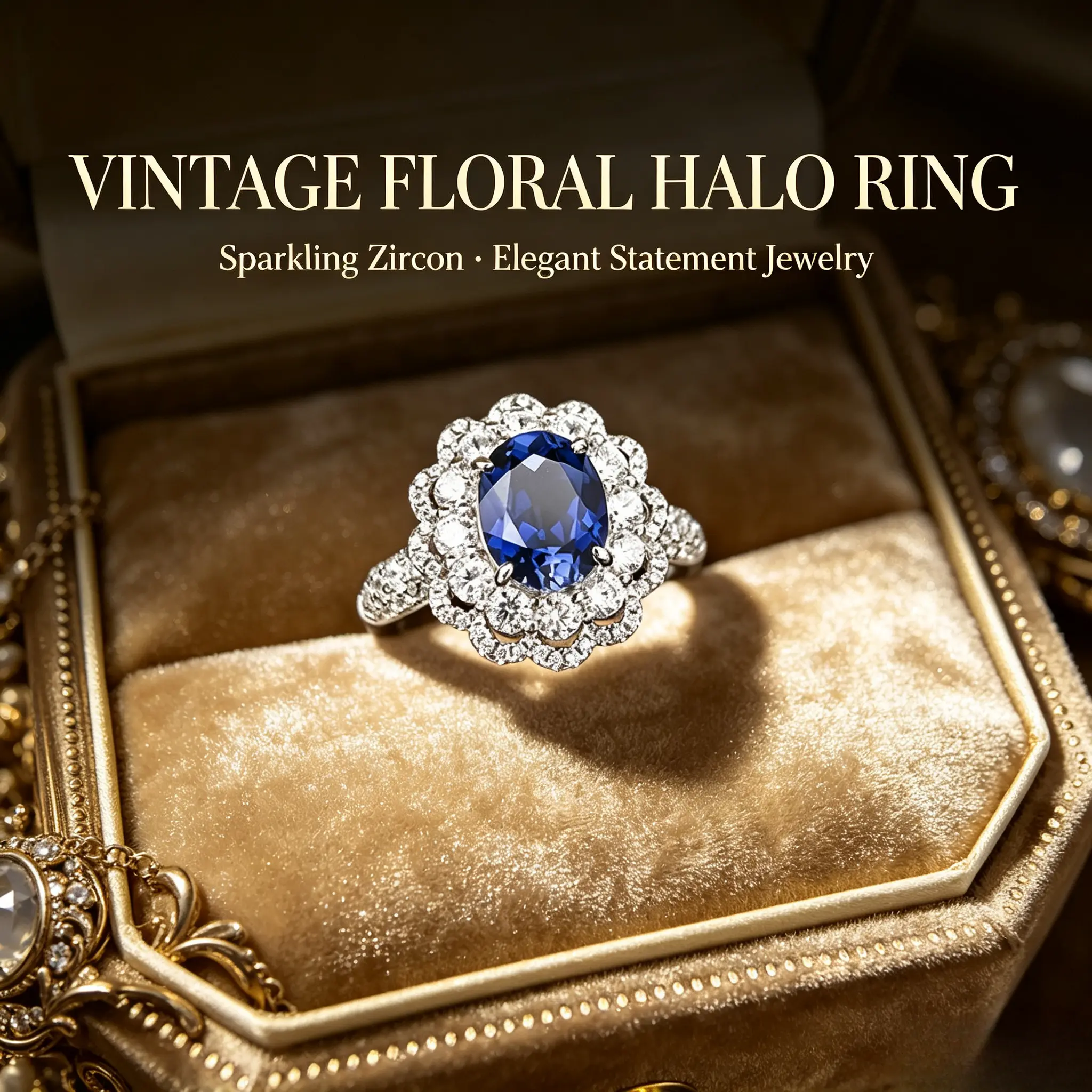 Loveden S925 Sterling Silver Oval Blue Sapphire Halo Ring for Women, Vintage Floral Double-Layer Cubic Zirconia Statement Ring, Elegant Wedding Engagement Jewelry, Ideal Gifts for Women & Romantic Gifts for Her for Anniversary Birthday Banquet