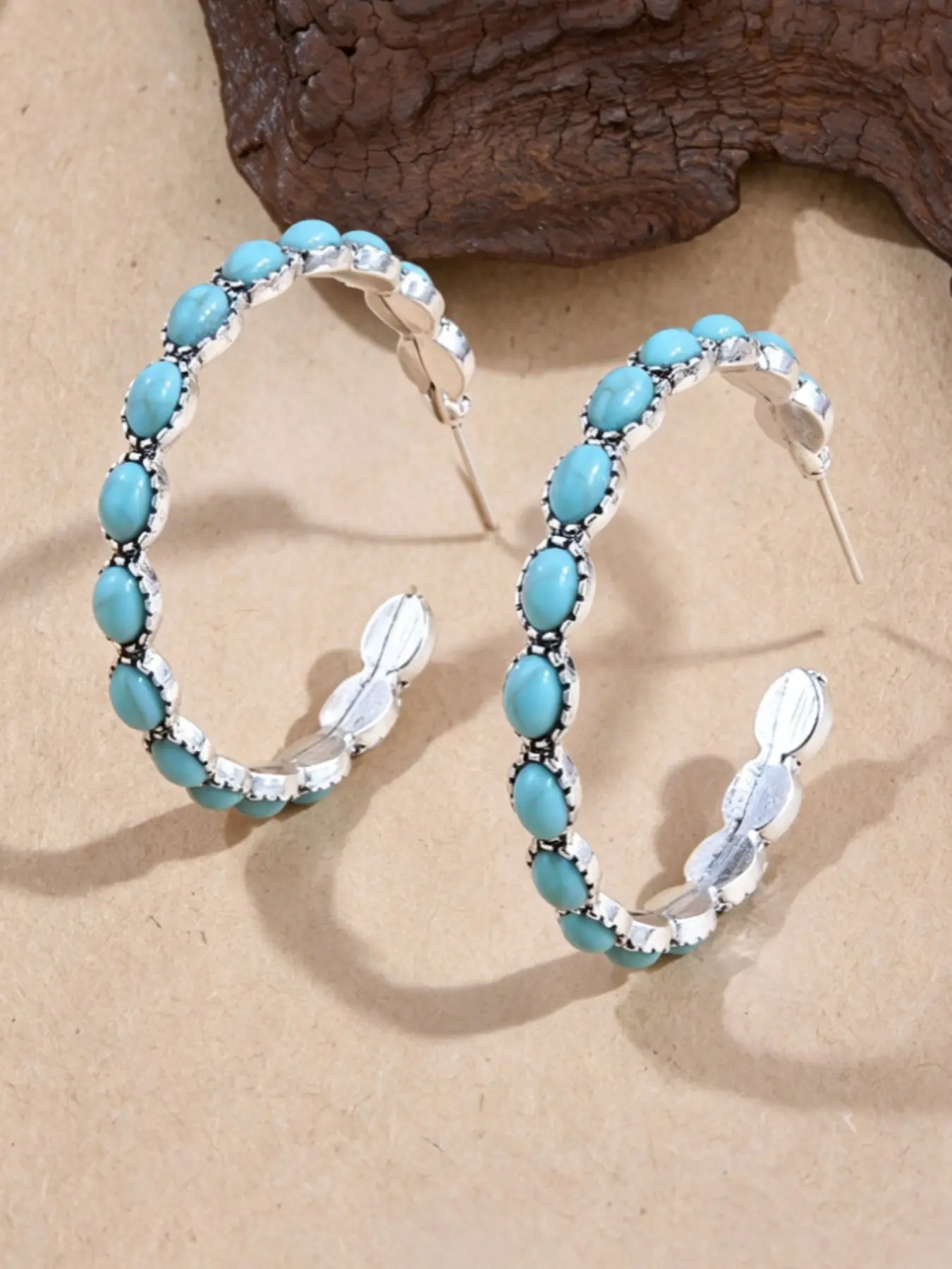 Western Retro Bohemian Turquoise C-Shaped Large Statement Earrings, Vintage Silver Color Cowboy Influence Style, Bold Round Studs for Women
