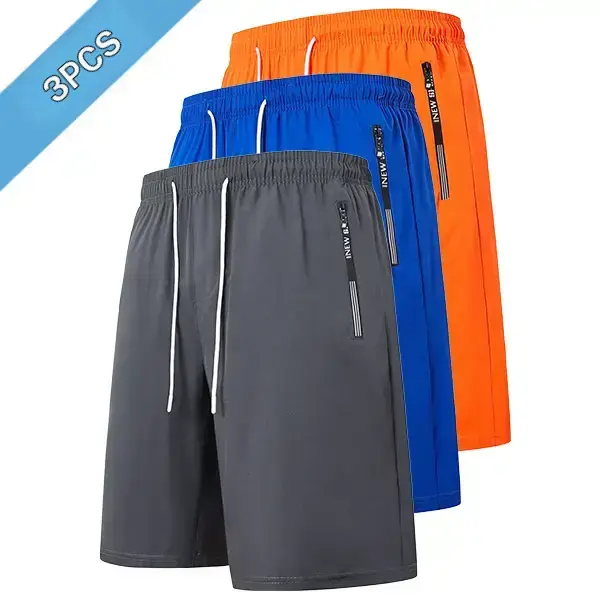 3 pack men’s casual shorts: quick drying, breathable straight leg ice silk shorts with zippered pockets for outdoor camping and hiking; suitable for home everyday wear and versatile training/exercise basketball shorts.