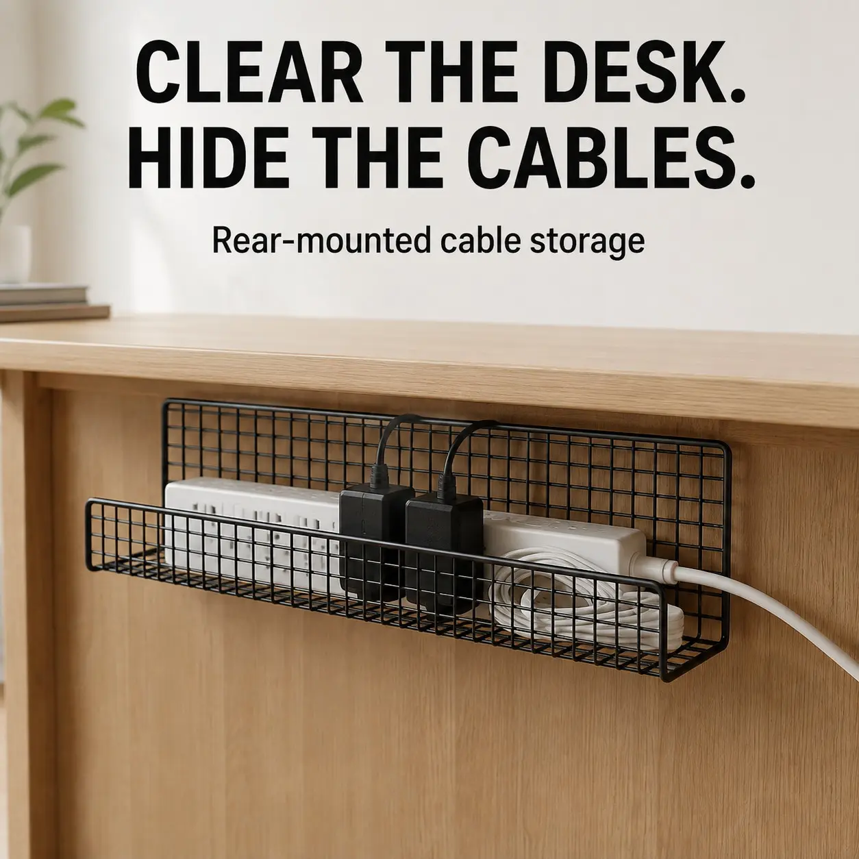 Wall-Mounted Desktop Cable Organizer, No Drilling Installation, Power Outlet & Adapter Holder, Metal, Home Office, Gaming Desk
