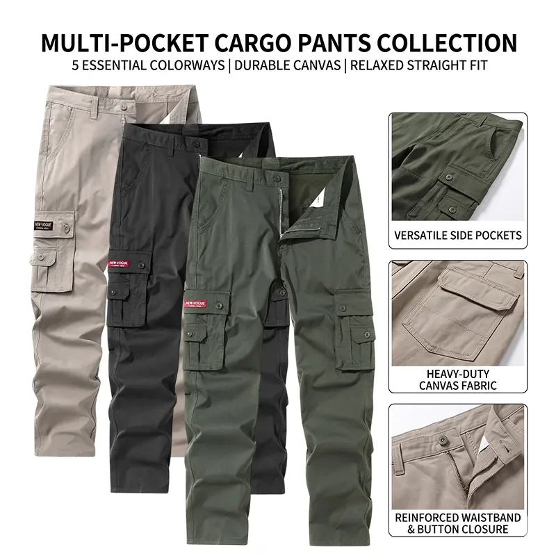 Men's Cargo Pants, Straight Leg Solid Twill Fabric Workwear with a Smooth Fly for Outdoor Hiking and Casual Uniforms, Natural, Zipper, Menswear, Soft, Classic, Breathable, Plain, Fitted, Pocket, Buttons, Snap, Mid Waist, Ankle Length, Woven