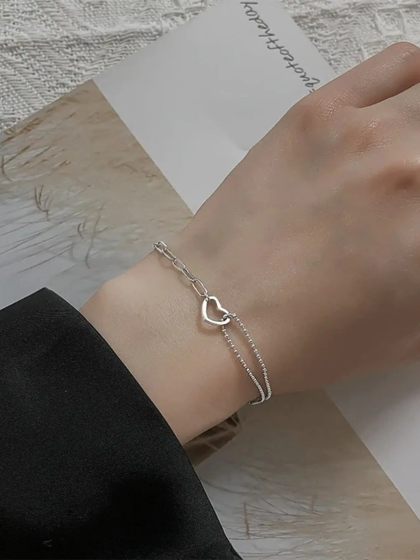 Hollow Open Heart Double Layer Bracelet, Copper Wrapped Iron Beaded Chain Bracelet, Adjustable Minimalist Fashion Wrist Ornament, Daily Trendy Jewelry Gift for Women, Teen Girls and Best Friends