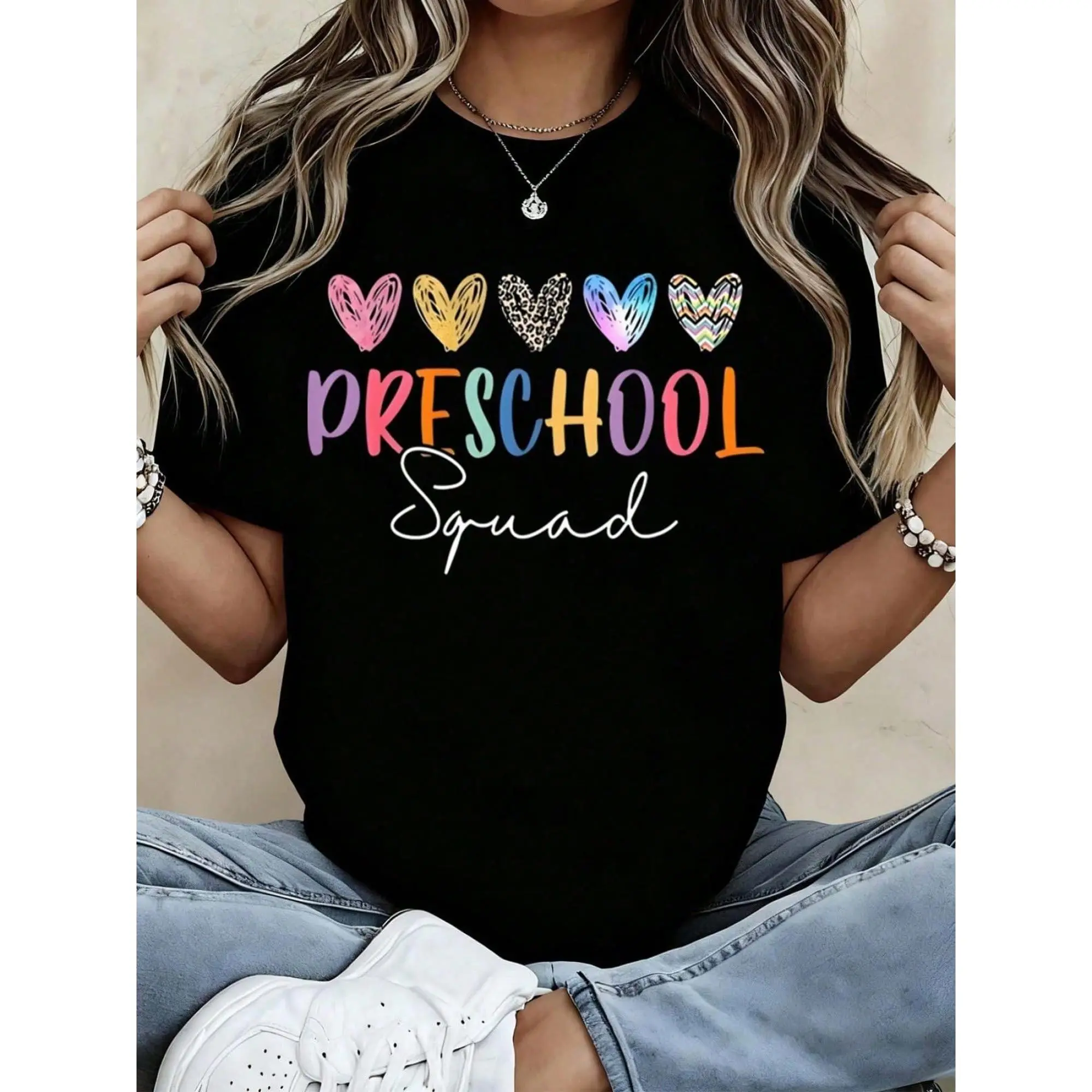 Teachers And Staff Cute Rainbow Hearts Design Fun Teacher Gift Comfortable Black Cotton Tee For Women Perfect For Preschool Events And Spirit Days