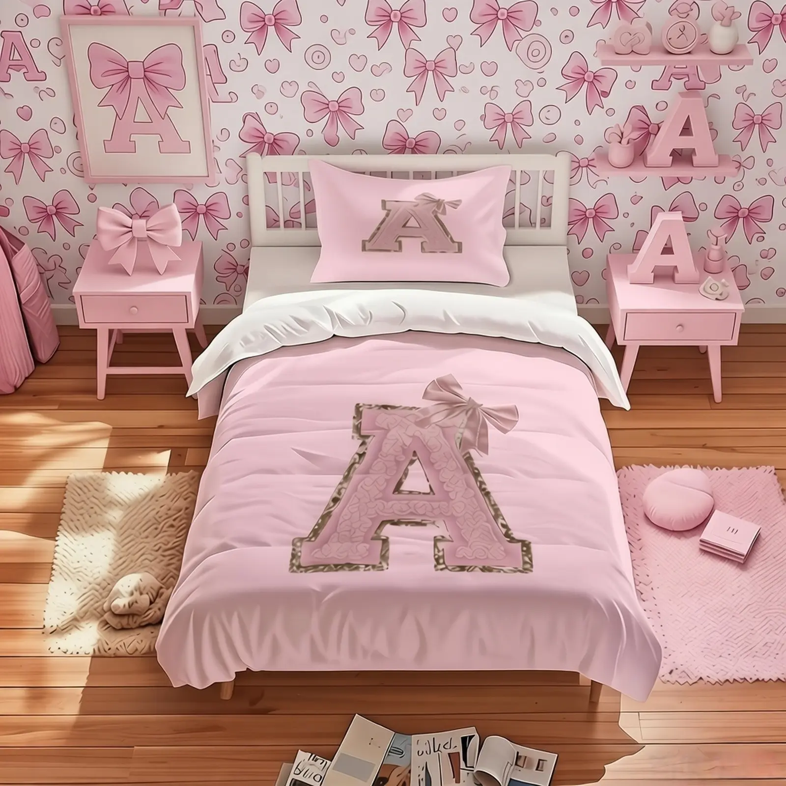 Pink Themed Bowtie Duvet Cover Set, 1 Duvet Cover With 1/2 Pillowcase, Pink Bowtie Letter Bedding (a-z Full Letter Optional), Suitable For Bedrooms, Dormitories, And Guest Rooms