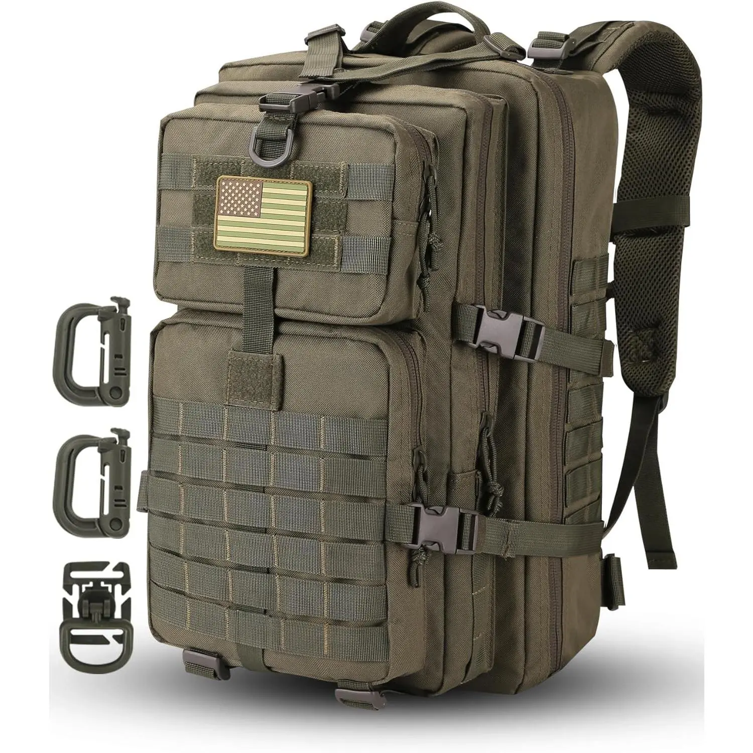 Tactical MOLLE Assault Backpack, Tactical Backpack Military Army Camping Rucksack, 3-Day Pack Trip w/USA Flag Patch, D-Rings, Olive
