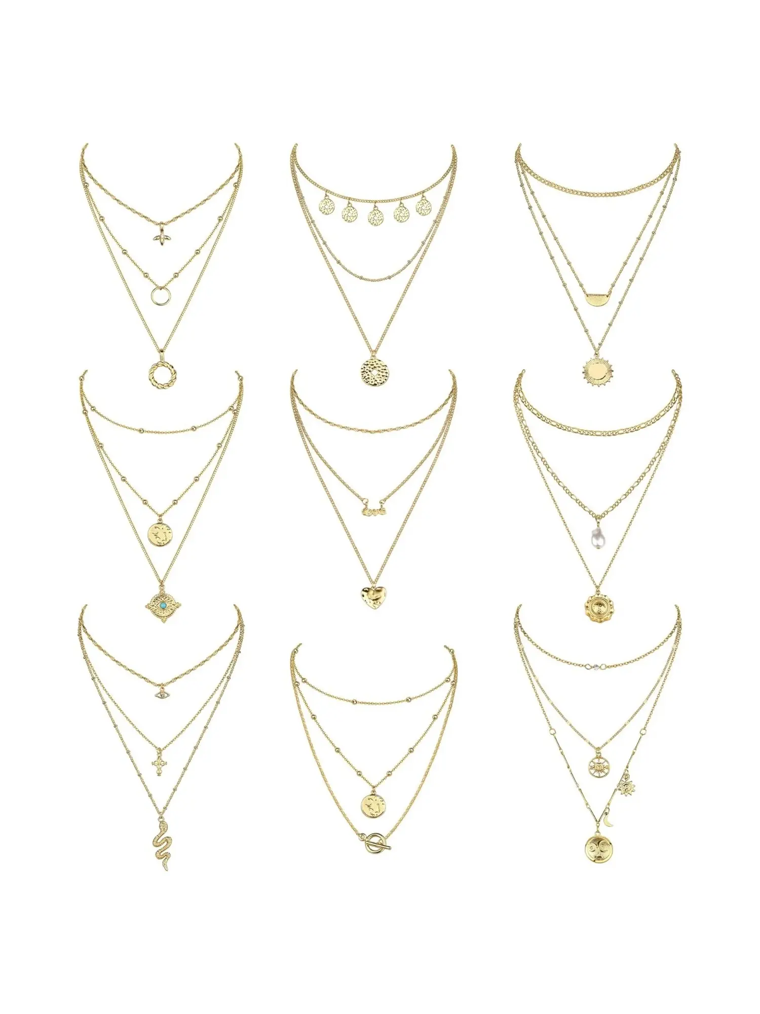 9 Pcs Vintage Stackable Multi-Layer Necklace Kit Durable Alloy Tiered Neck Jewelry Rich Variety of Retro Pendant Designs Celestial Signs Serpent Evil Eye Heart Faux Pearl Slim Delicate Chains Layering Eye-catching Neck Decor for Parties Vacation Holiday