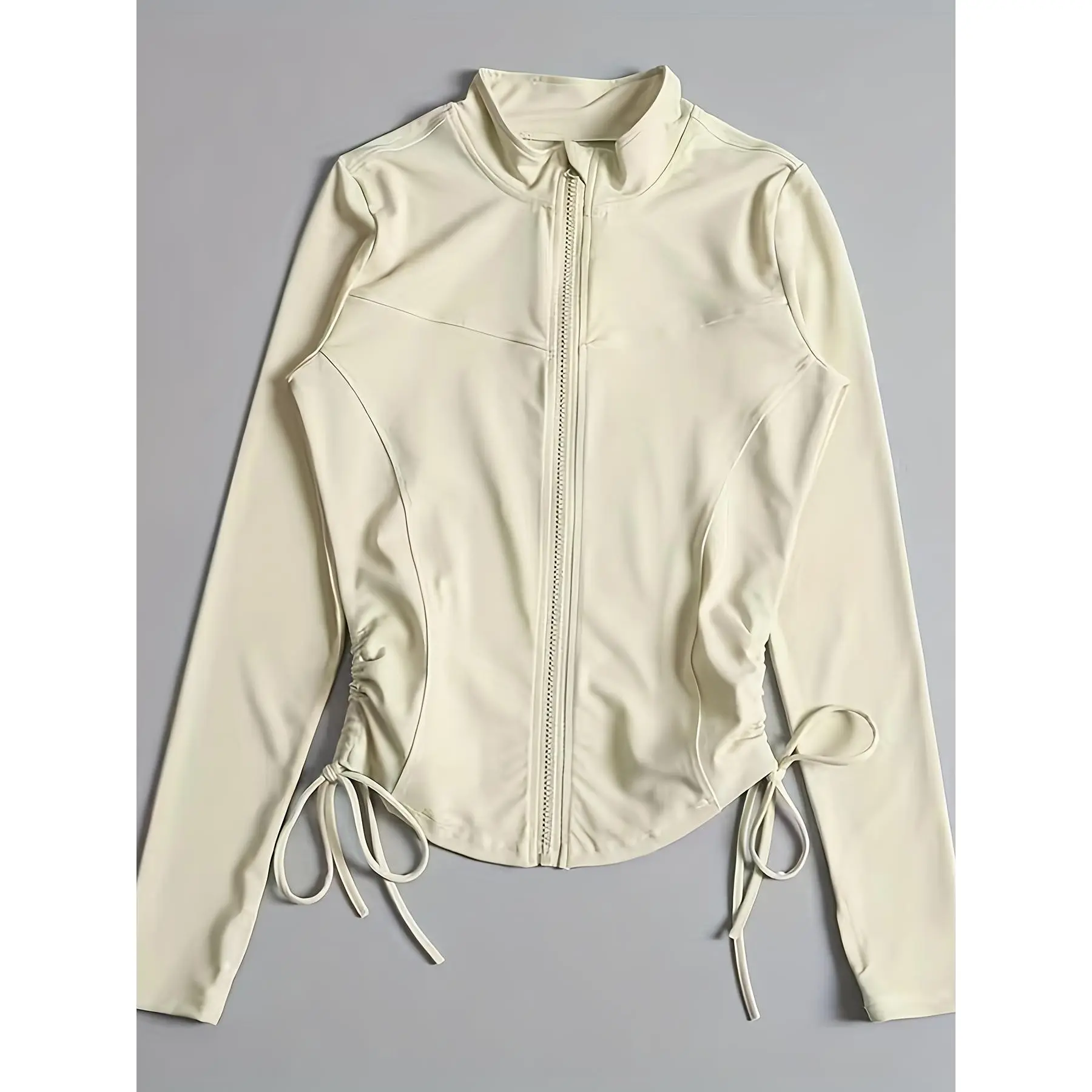 Elegant High Neck Jacket for Women, a Solid, Slim-Fit Knit with Drawstring Detail, Tops, Coats, Fabric, Long Sleeve