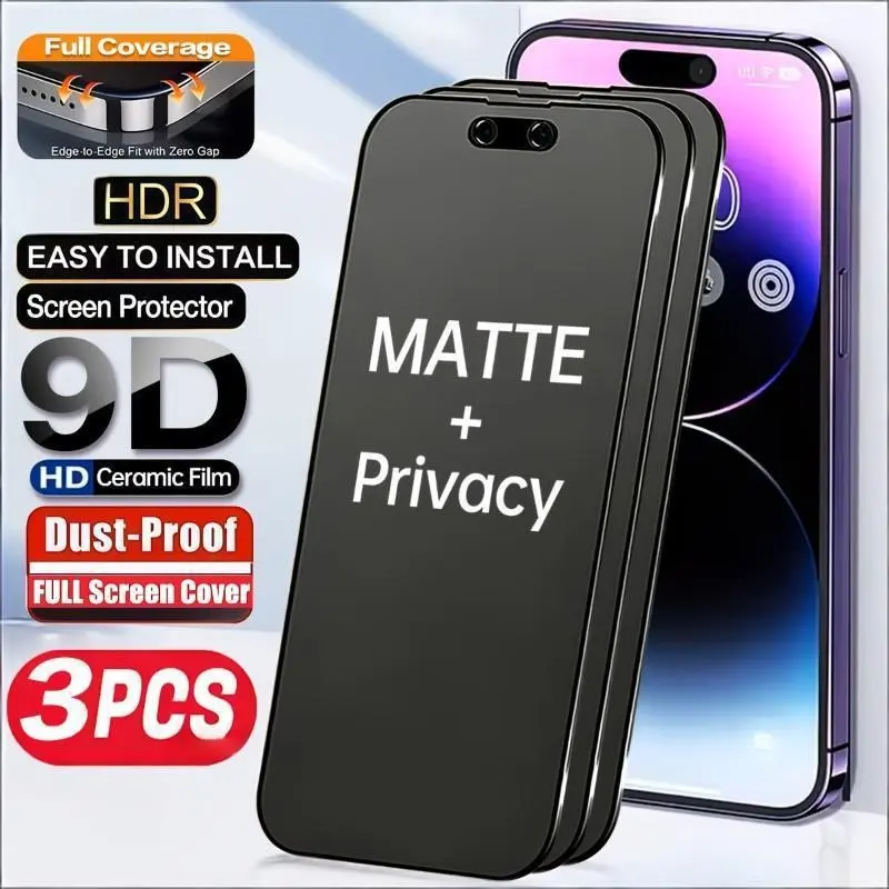 3-Pack Matte Anti-Spy Screen Protector Privacy Screen Guard foriPhone 17 Air/17 Pro Max/16 Pro Max/15 Pro/14 Plus/13 Mini/12/11/X Series, Ceramic Film, Fingerprint Resistant, Shockproof, Bubble-Free, Ultra-Thin