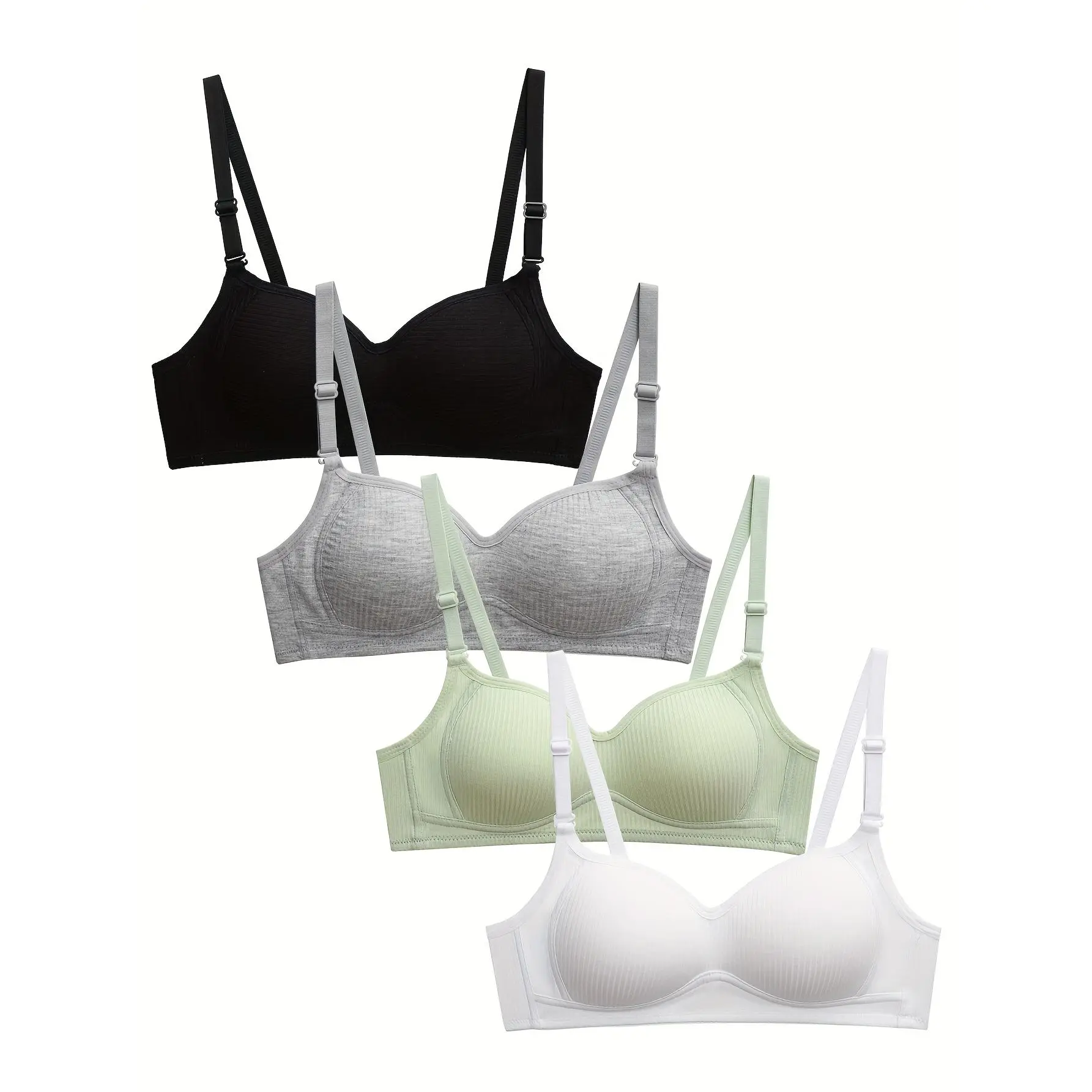 Teenage Girls' 4-Pack Sporty Tops Bras - Wire-Free, Adjustable Straps, Non-Removable Padding Comfort During Development, Suitable Ages 9-16