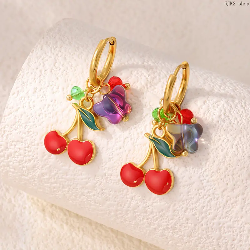 Women's Gold-Tone Enamel Cherry Butterfly Charm Huggie Hoop Earrings - Lightweight Stainless Steel Female Jewelry with Click Closure, Girly Sweet Cute Dangle Earrings