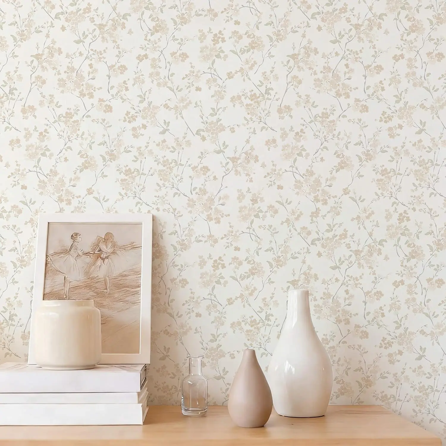 Vintage Floral Peel-and-Stick Wallpaper, 197in×17.3in Neutral Cherry Blossom Self-Adhesive Vinyl Contact Paper, Single Roll for Nursery, Bathroom, Waterproof Indoor Wall Decor
