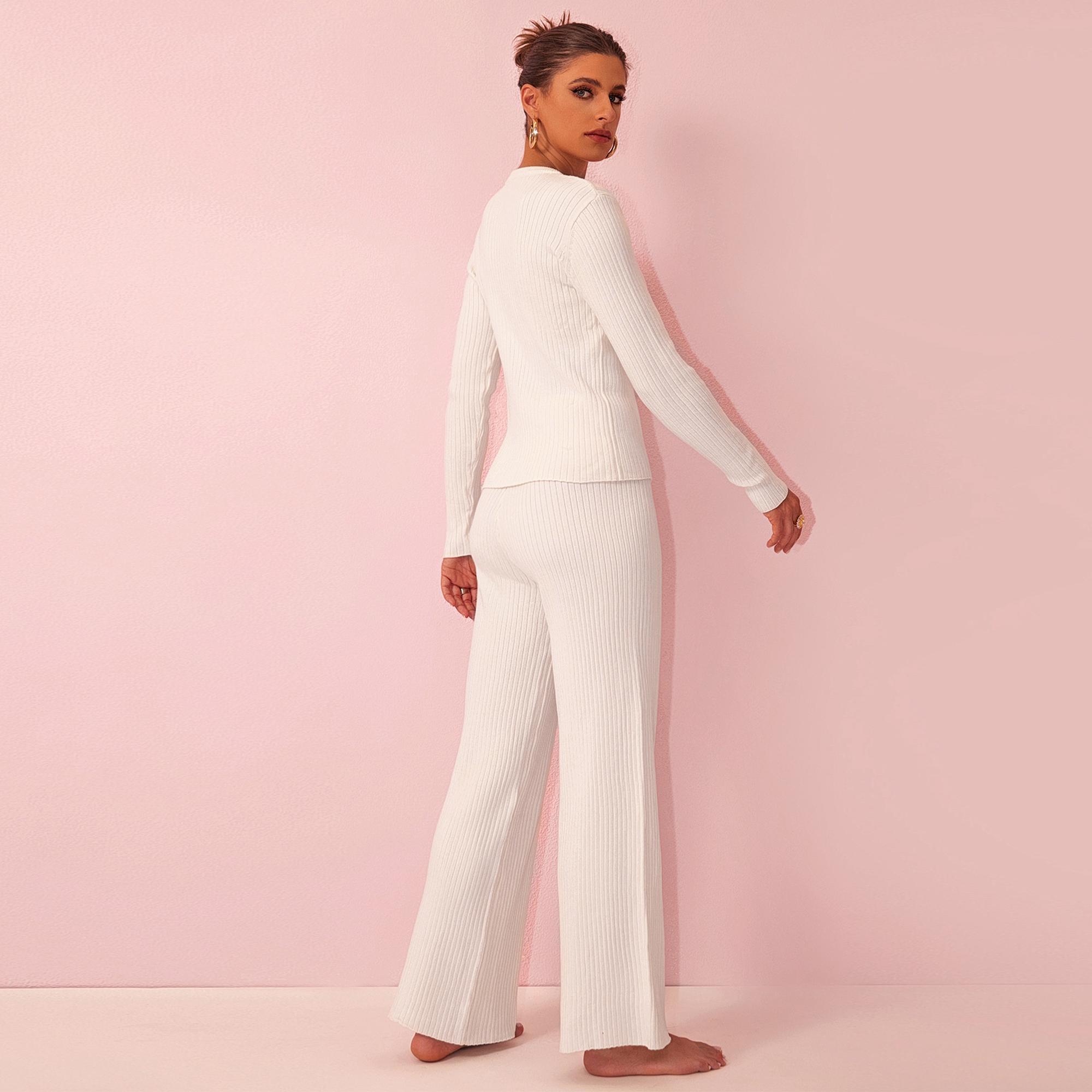 Joyfunear Women's Casual Solid Color Ribbed Knit Zip-Up Cardigan & Wide-Leg Pants Set - Adjustable Fit, Long Sleeves, Loungewear Fabric Fitted Joyfunear Women's Casual Solid Color Ribbed Knit Zip-Up Cardigan & Wide-Leg Pants Set - Adjustable Fit, Long Sleeves, Loungewear Fabric Fitted