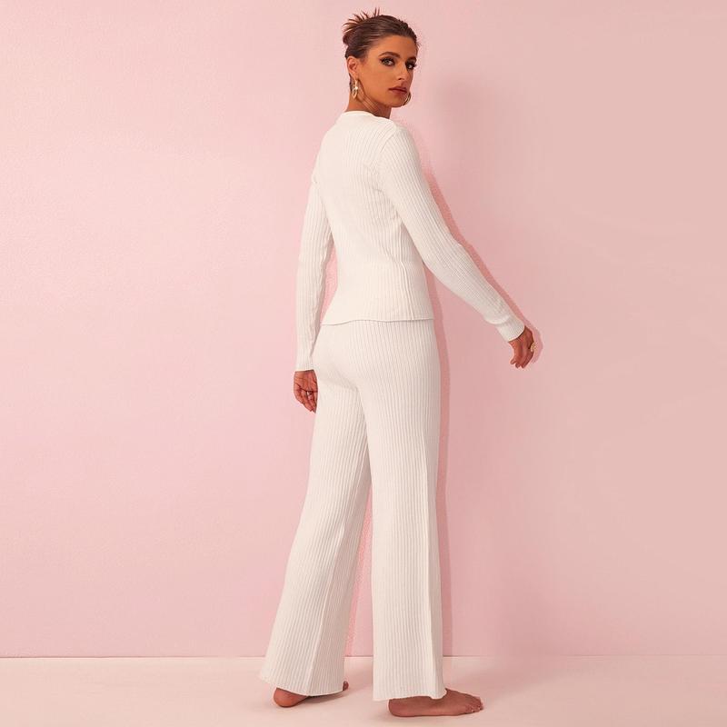 Joyfunear Women's Casual Solid Color Ribbed Knit Zip-Up Cardigan & Wide-Leg Pants Set - Adjustable Fit, Long Sleeves, Loungewear