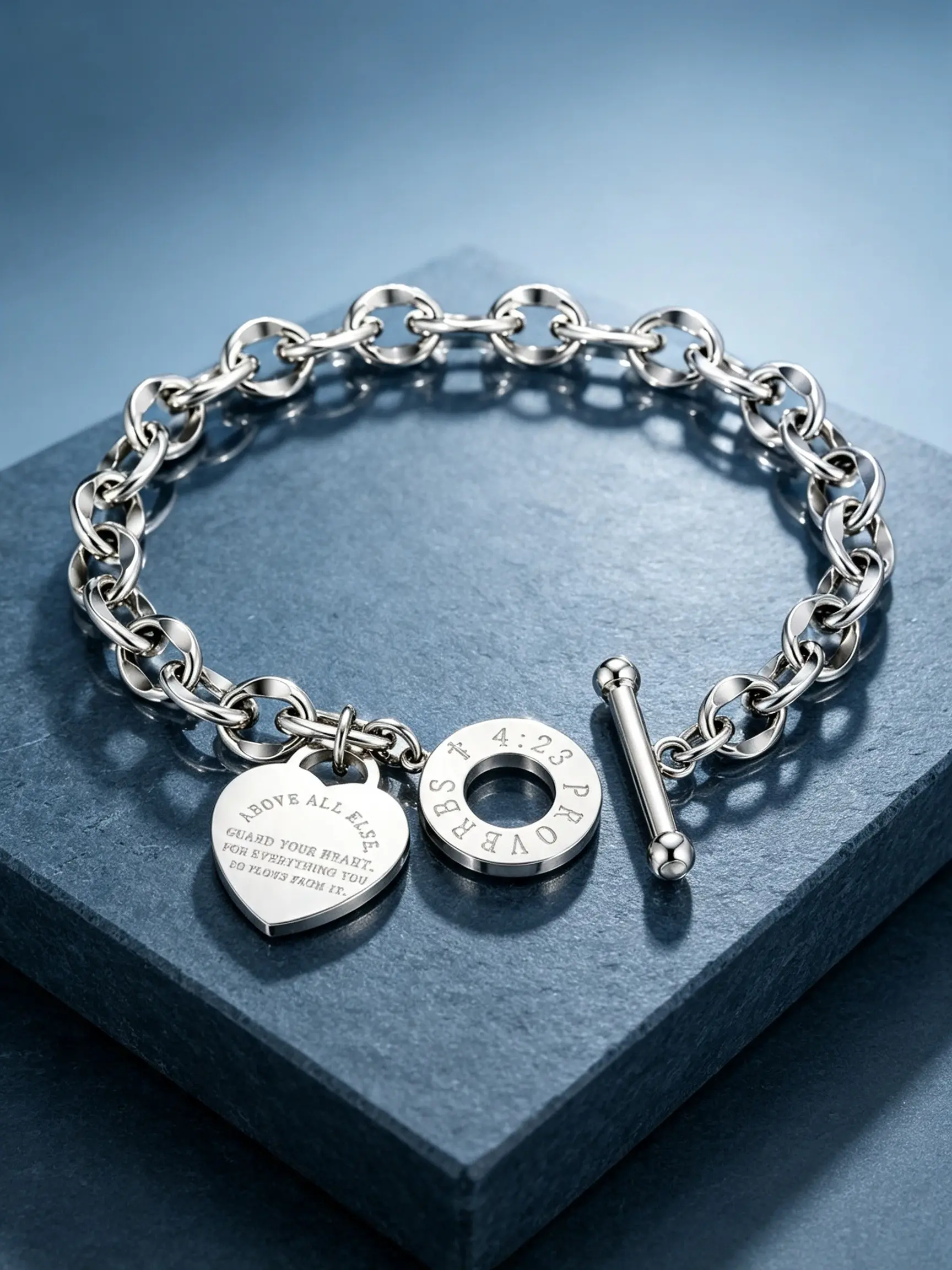 Proverbs 4:23 Silver Tone Charm Bracelet for Women, Heart Bracelets, Adjustable Chain Bracelet with Heart Pendant and Bible Verse Disc, Christian Faith Inspirational Jewelry Gift