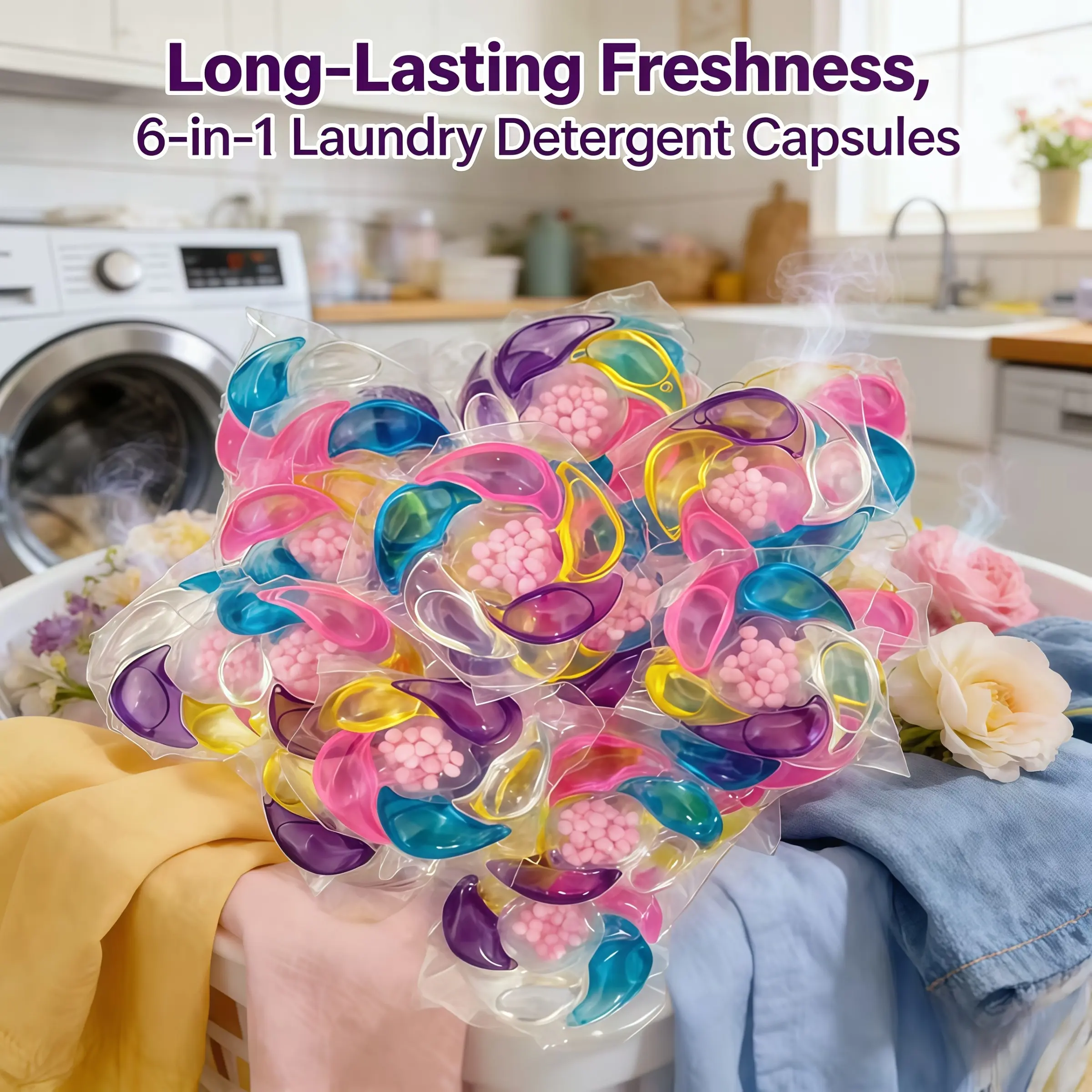 50/100 Laundry Detergent Pods, Six-In-One Long-Lasting Scent, Softening Fabric, Convenient Home & Travel Cleaning Balls, Fragrant