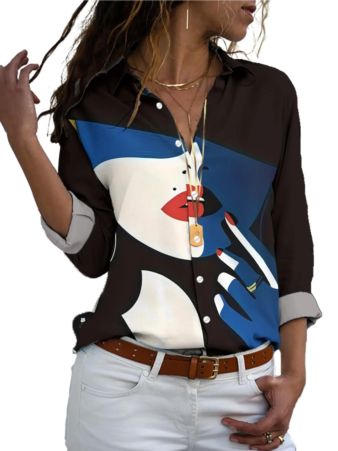 2026 New Women's Casual Artistic Portrait Full Print Blouse, Background, Stand Collar, Slimming, Leisure Long Sleeve Shirt