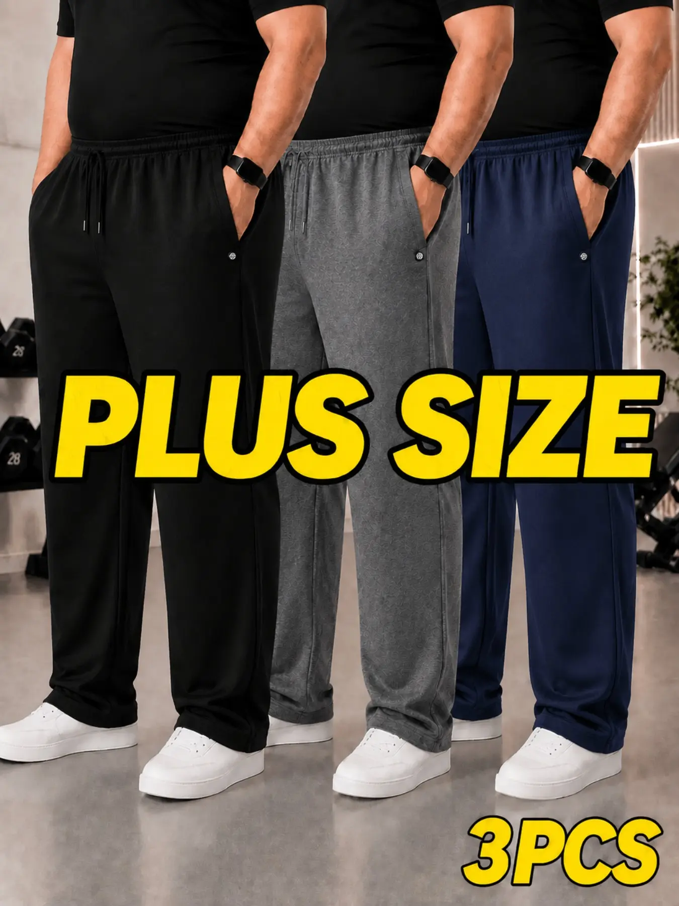 3pcs Men's Plus Size Loose Fit Joggers, 4xl-6xl Drawstring Waist, Stretchy Polyester, All Season, Ideal for Fitness, Travel, Daily Wear