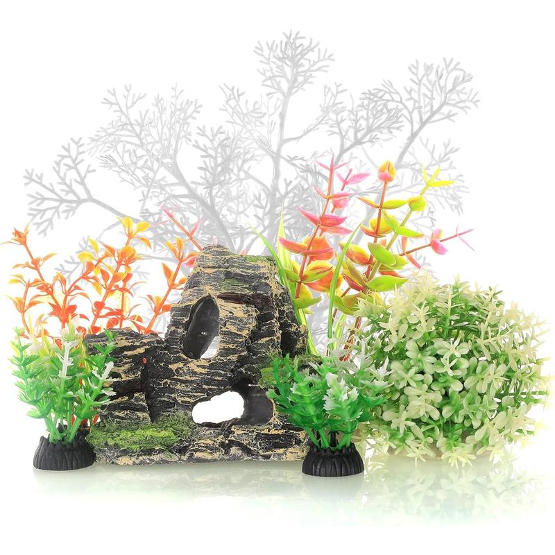 Aquarium Fish Tank Plastic  and Cave Rock Decorations Decor Set 7 count, Small and Large Artificial Fish Tank  with Cave Rock (CU89Red-7)