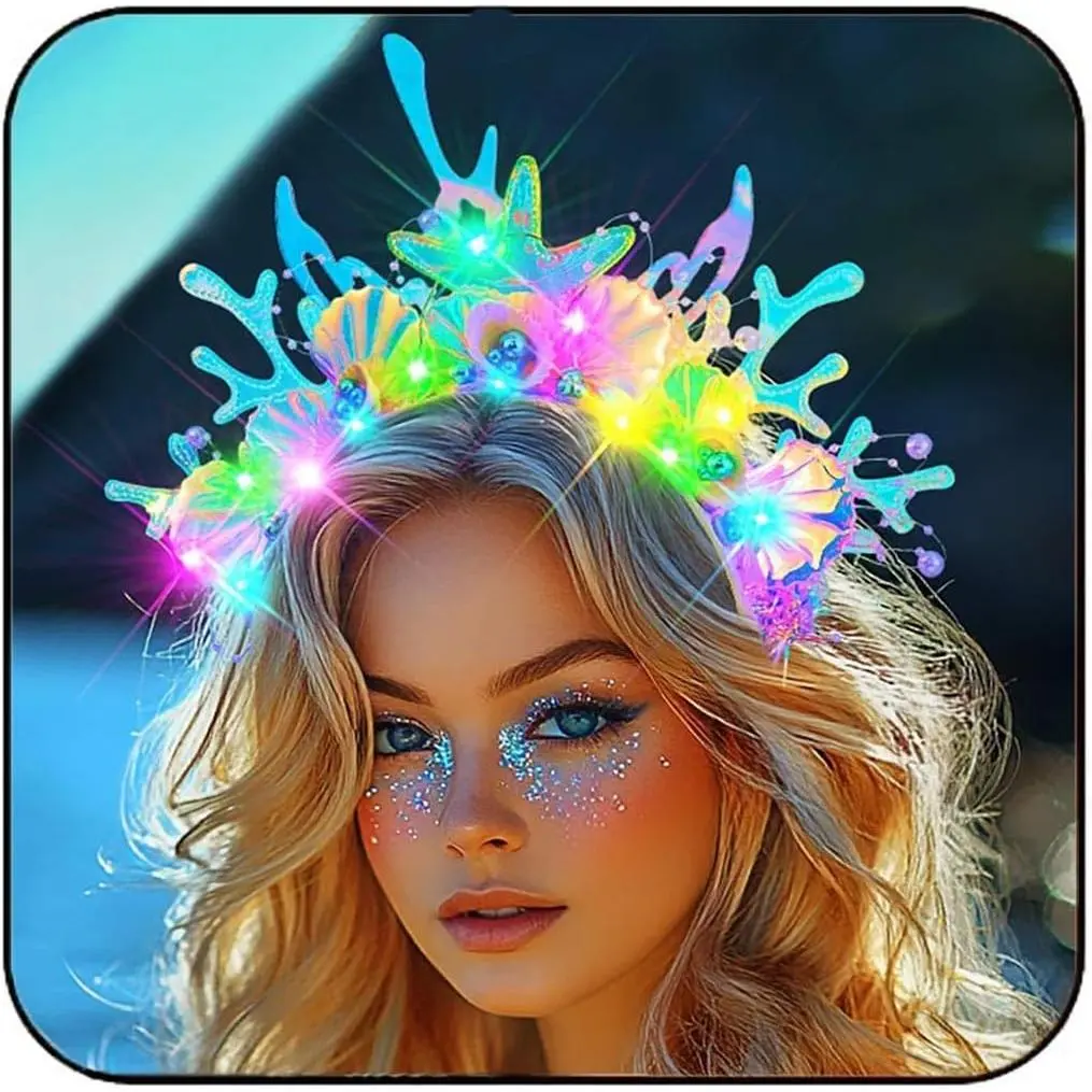 Light Up Shell Headband Glowing Starfish Hair Band Led Pearl Mermaid Costume Hair Accessories for WomenGift