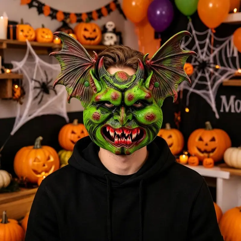 Horror Demon Half-Face Mask With Bat Wings - Green Demon Monster Costume Mask, Suitable For Halloween Cosplay, Horror Parties, And Themed Costumes - Bat-Wing Half-Face Mask For Demon Costumes
