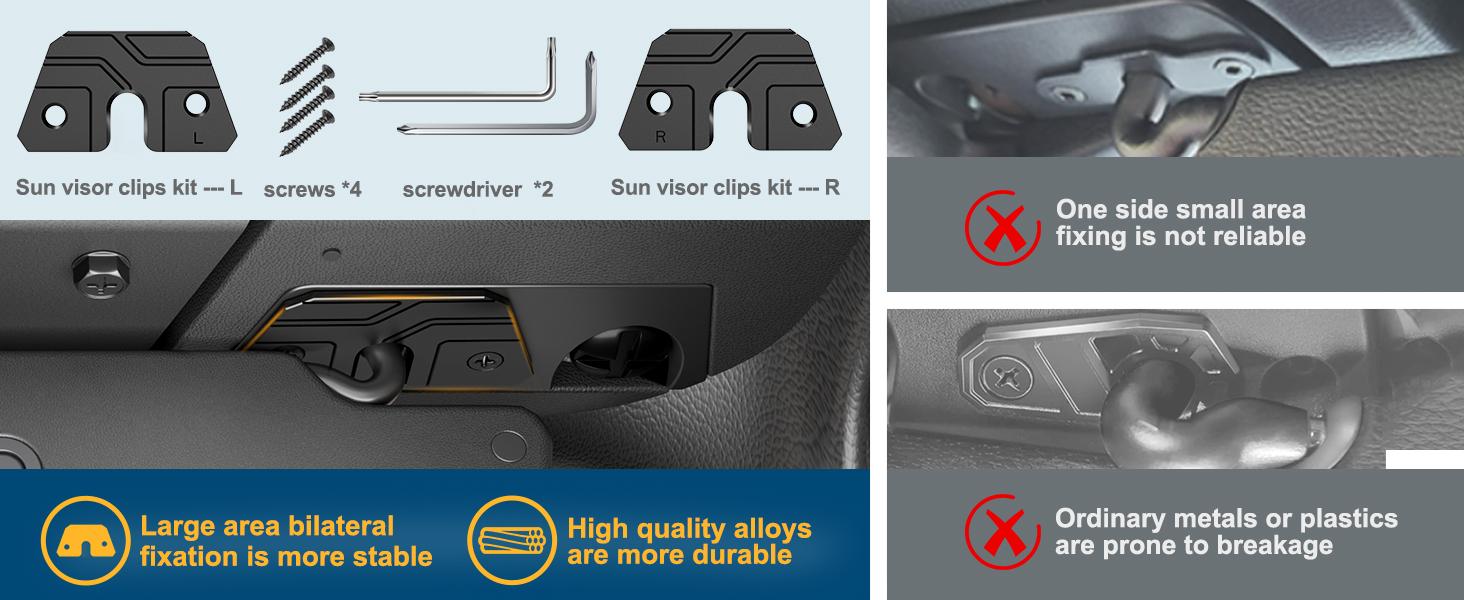 Sun Visor Repair Kit Compatible with Jeep WranglerJK 2018,JL 2018-2023, Gladiator 2020-2023,2 Pack Jeep Visor Repair kit, Aluminum Sun Visor Repair Clips,