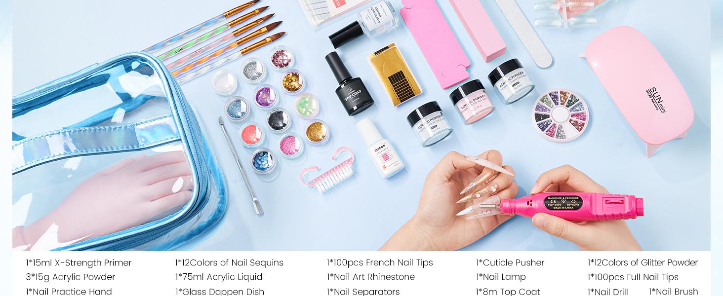 Nail Kit for Beginners with Everything: Professional Acrylic Powder Liquid Set with Nail Practice Hand Drill U V Light in Cosmetic Bag Gift for Women Salon Home (Blue)