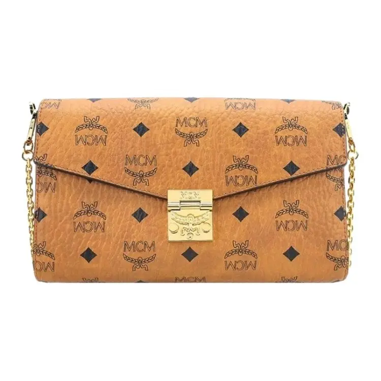 MCM Tracy Classic Monogram PVC Envelope Crossbody Bag for Women, Casual Style, Cognac Brown