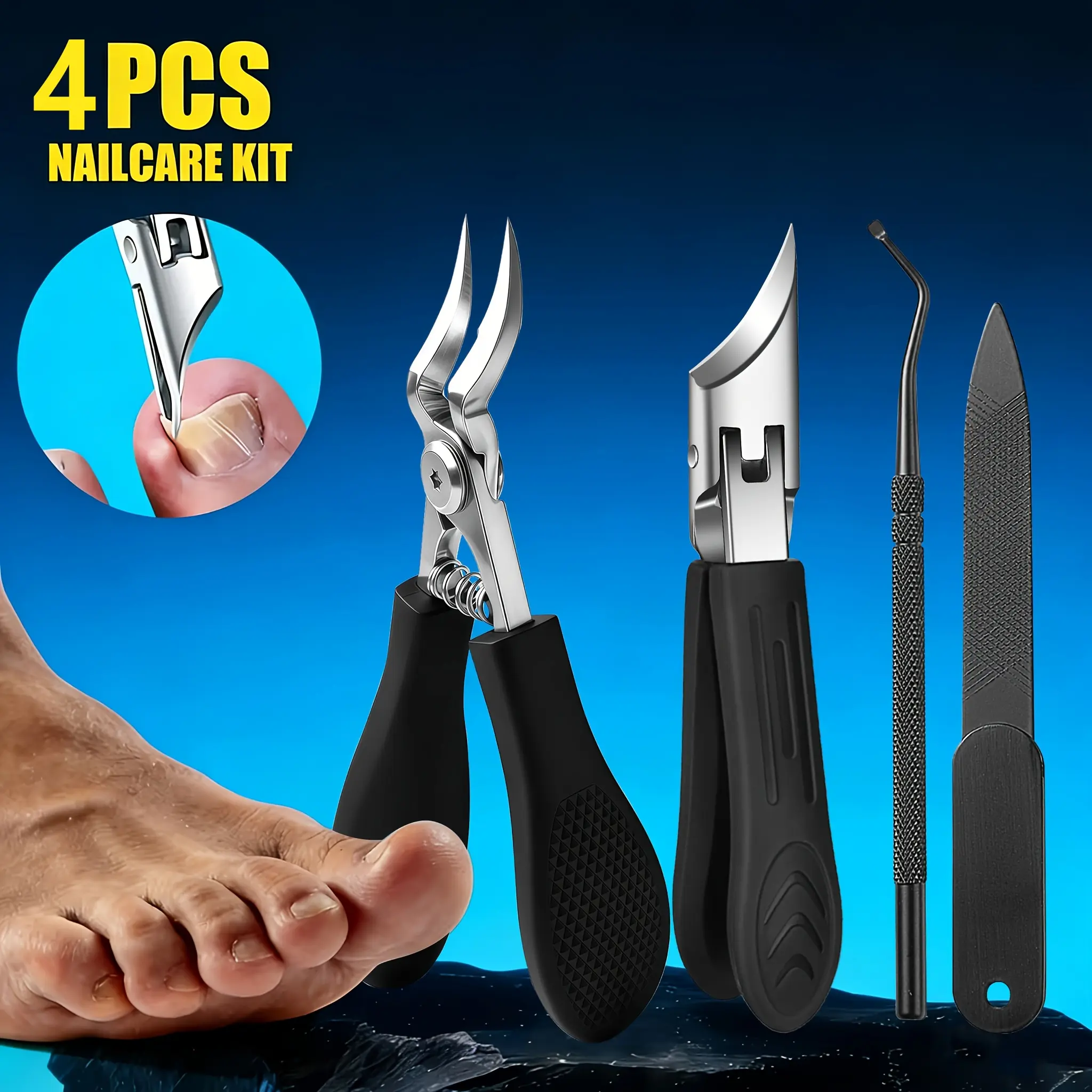 4pcs Heavy Duty Nail Care Kit, Professional-Grade Podiatry Tools, Pedicure Tools Kit. Includes Stainless Steel Eagle-Beak Cuticle Nippers, Pusher/Cleaner, and Nail File. Suitable for Men and Seniors with Thick or Ingrown Nails