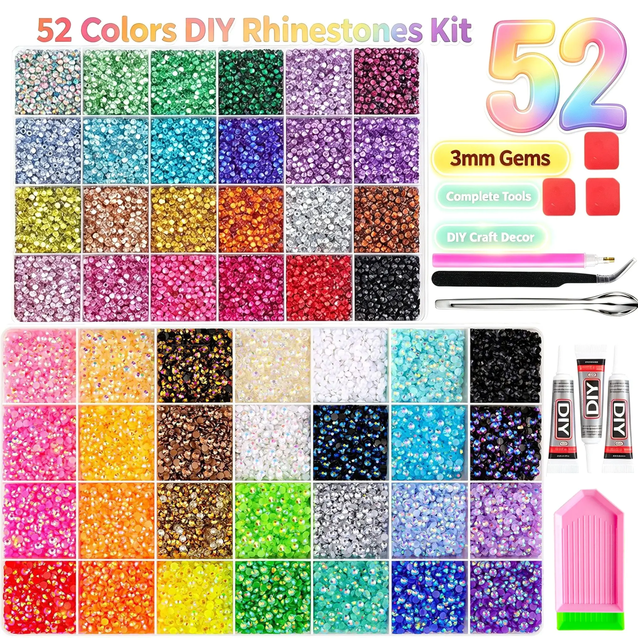2Boxes 52-Colors Mini Innovative Flatback Nail Rhinestone Bedazzling Kit 3mm Hot-Selling Sparkling Jelly Semi-Circular Rhinestone Nail Gems Diamond Art DIY Clothing Jewelry Tumblers Nails Accessories