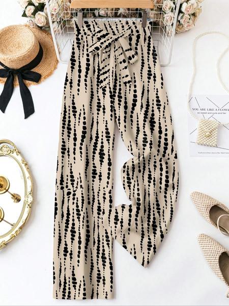 Women's casual and fashionable high waist elastic waist tie all over printed trousers wide leg pants, suitable for daily wear and outdoor activities, lazy time, beach vacation, the best choice for holidays