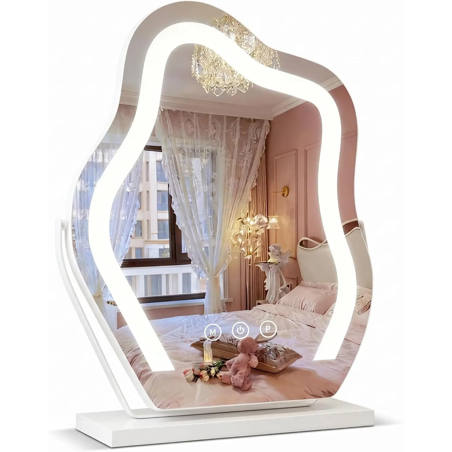 White 17in Cloud Shaped LED Makeup Mirror for Women - AC Plug-in, 3-Color Dimmable, 360° Rotatable, Memory Metal Frame, Elegant Modern Synthetic Bathroom Decor for Room