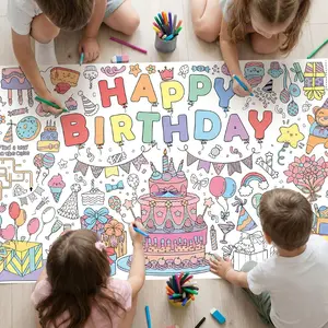 Happy Birthday Giant Coloring Poster Tablecloth 30 x 72 Inch Kids Birthday Craft Art Paper Banner Games Activities for Classroom Wall School Home Parties