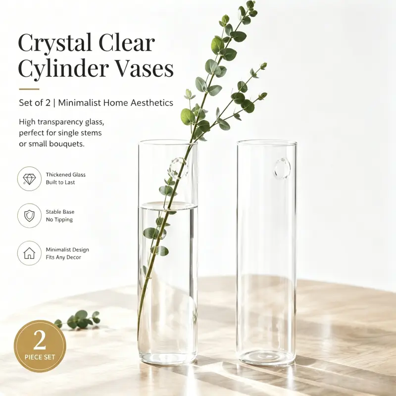 2 Piece Minimalist Transparent Cylinder Glass Vase High Clear Thick Glass Construction Stable Base Decorative Tall Flower Vase For Tabletop Home Aesthetic Glass Vases For Flowers