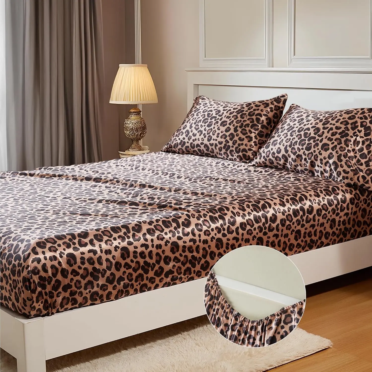 Satin Fitted Sheet Full Size, Silky Bottom Sheet with Elastic Corner Straps, Deep Pocket up to 15 Inch, No More Slipping Off for Mattress - 1 Fitted Sheet Only (Brown Leopard)
