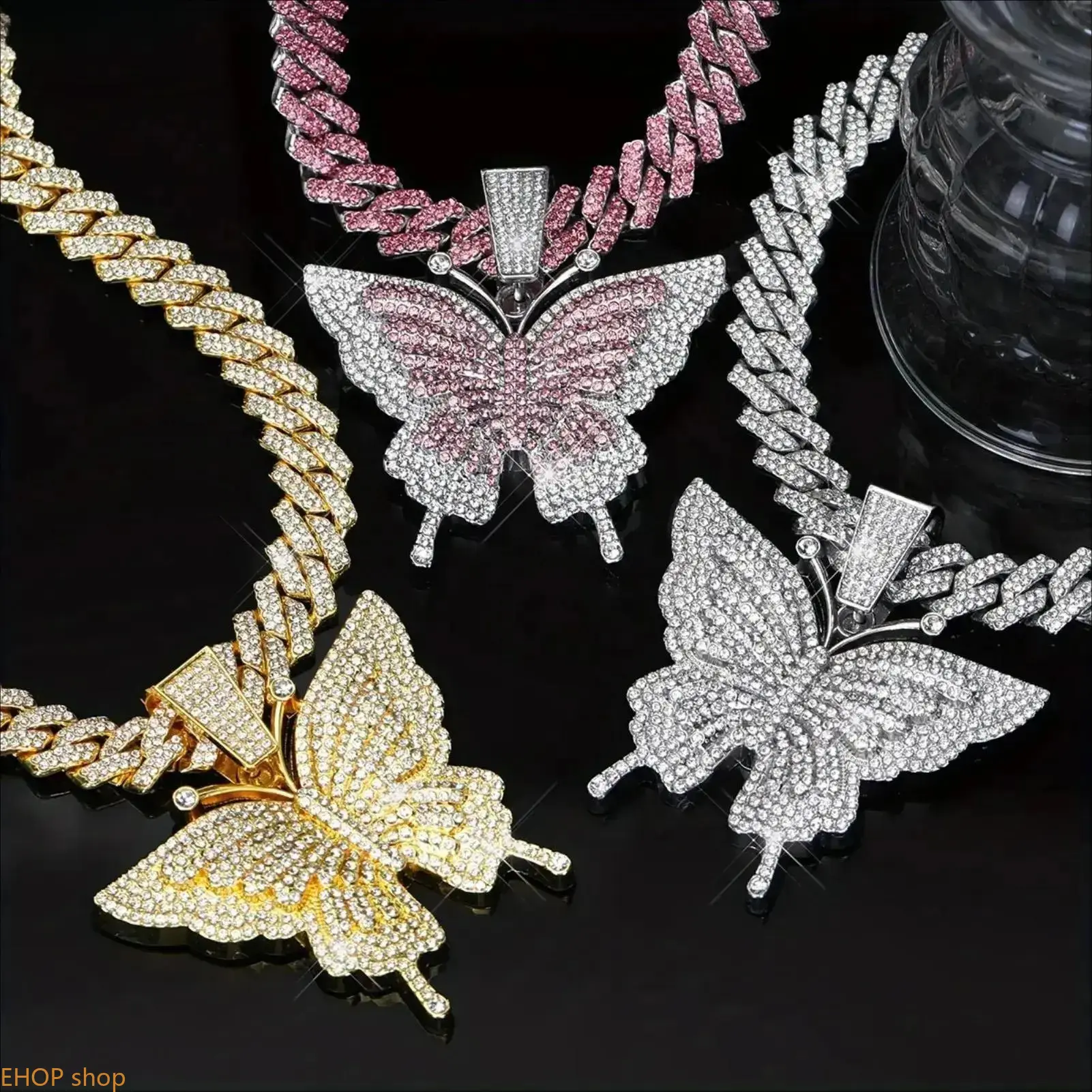 Cuban Chain Butterfly Pendant Necklace Hip Hop Style Adjustable Metal Accessory Trendy Daily Wear Ornament Elegant Matching Decor Romantic Present For Birthday Anniversary Holiday Outfit Styling, Plain, Unisex