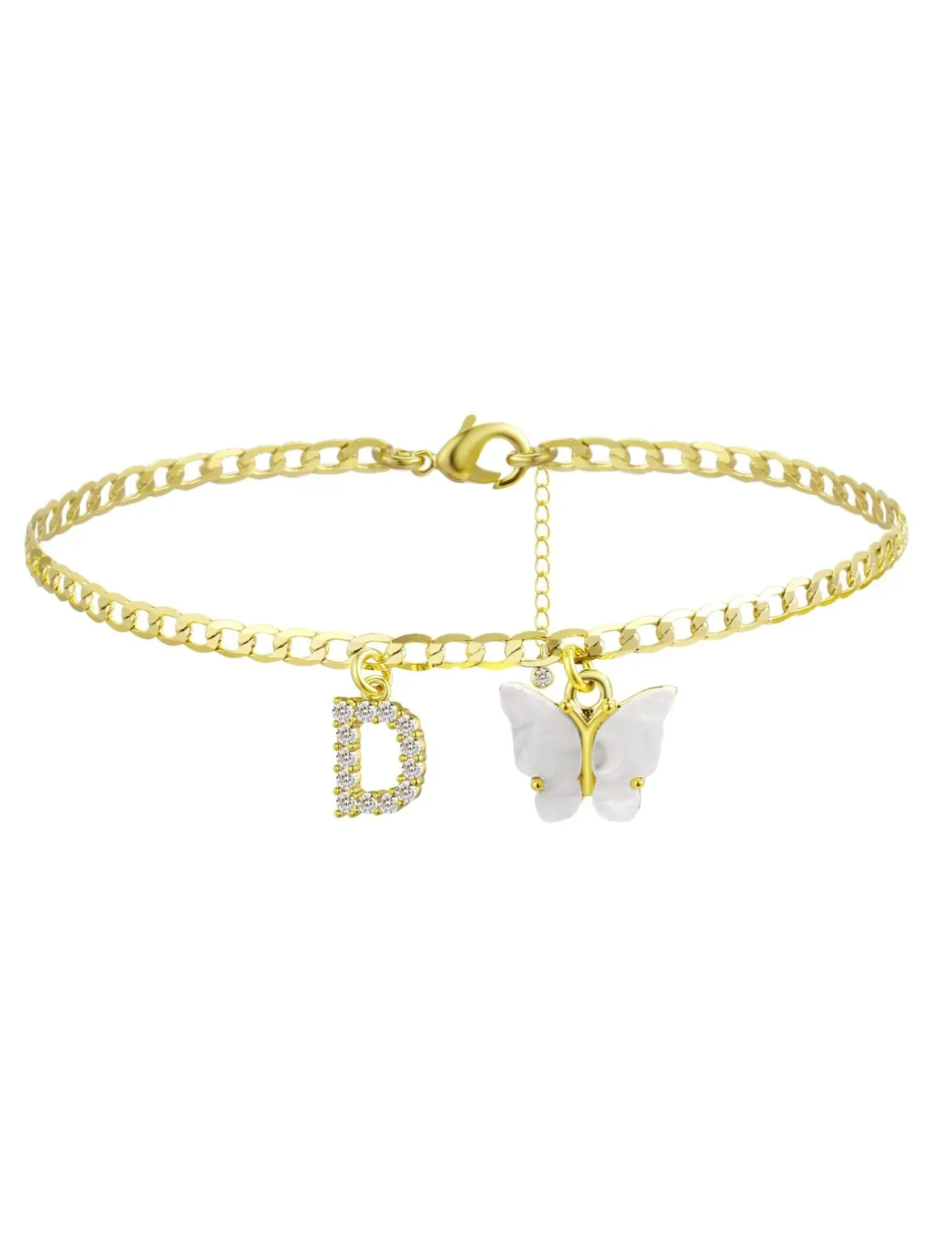 Ankle Bracelets for Women ；exquisite butterfly initial ankle bracelet handmade Cuban chain White butterfly A-Z initial foot chain personalized summer beach jewelry gift for ladies and girls；DealsForYouDays