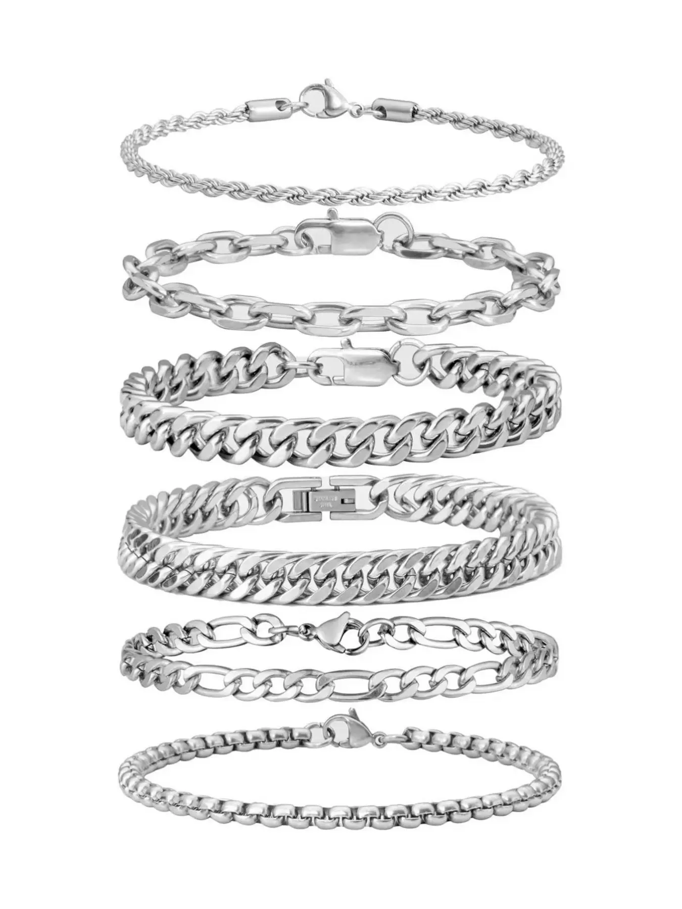 2pcs/6pcs Bracelets for Men Gifts for Him Stainless Steel Bracelet Silver Cuban Link Rope Paperclip Chain Bracelets Set  Mens Fashion Accessories Jewelry Gifts Set Bracelet Sets Bracelets Stack