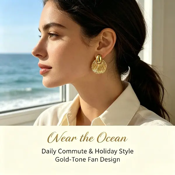 Women's Gold-Tone Textured Fan Shell Drop Earrings, Vintage Pleated Metal Statement Jewelry, Ocean Beach Holiday Gift