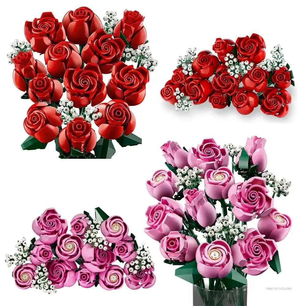 Red Roses and Pink Roses in A Bouquet, Block Assembly, Floral Design Plant Series, Creative Home Decoration Set, Valentine's Day Gift, Girl's or Lady's Gift, Suitable for Plant Lovers and DIY Enthusiasts