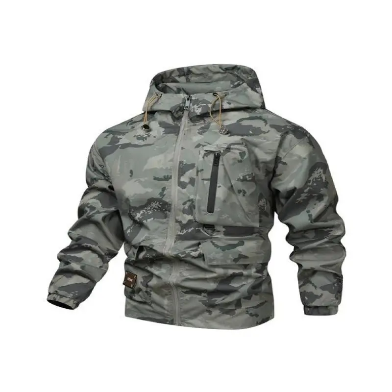 Men's Camo Print Zip Up Drawstring Hooded Jacket, Camouflage Men's Tactical  Military Jacket Clothing, Airport Outfits 2024, Regular Fit Casual Waterproof Long Sleeve Pocket Outerwear, Men's Fall & Winter Clothes