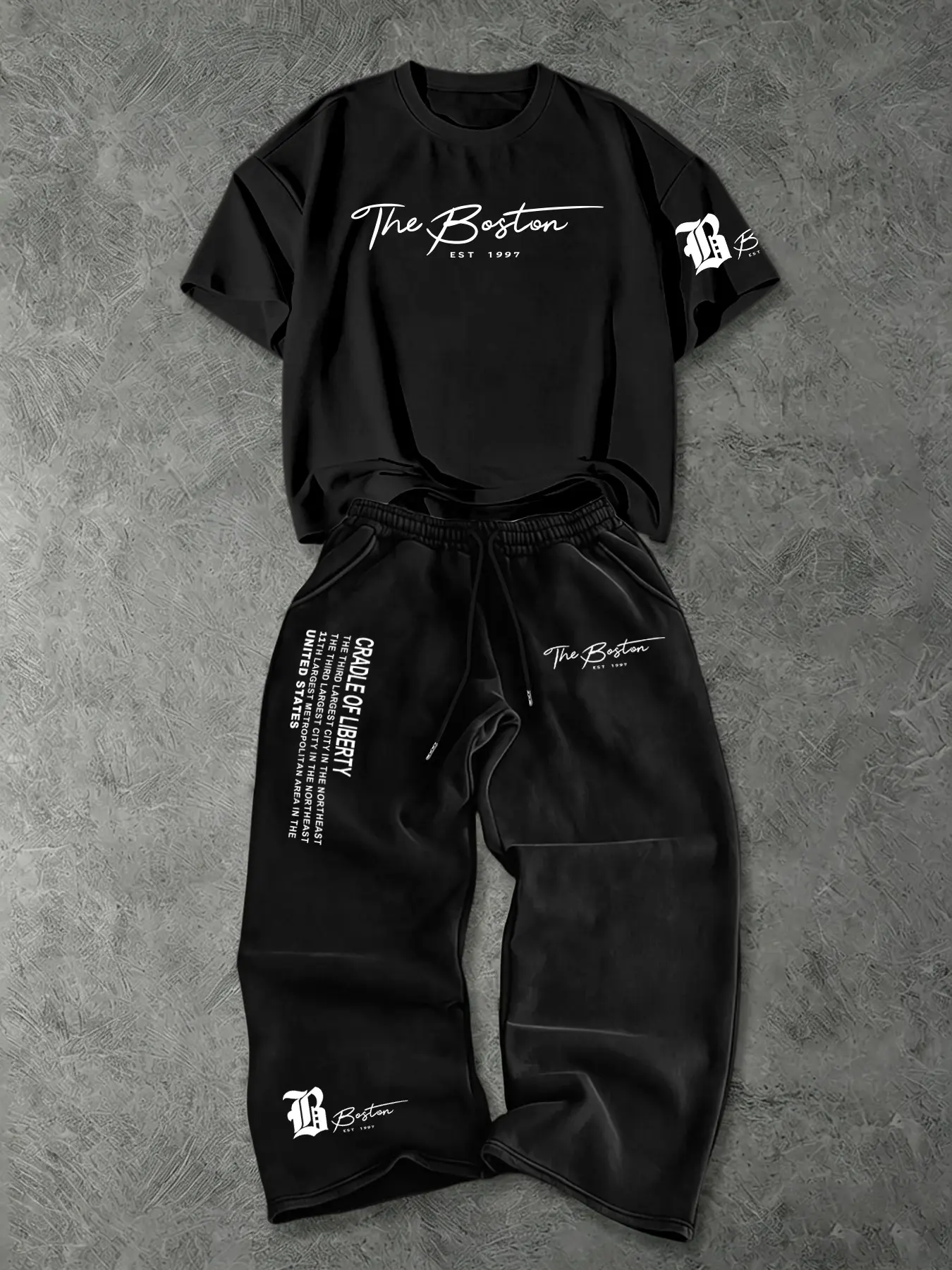 Men's Bestselling Home Set, Handwritten Boston Letter Round Neck Top + Text Slogan Straight Leg Casual Pants Two-Piece Set, Slimming and Comfortable