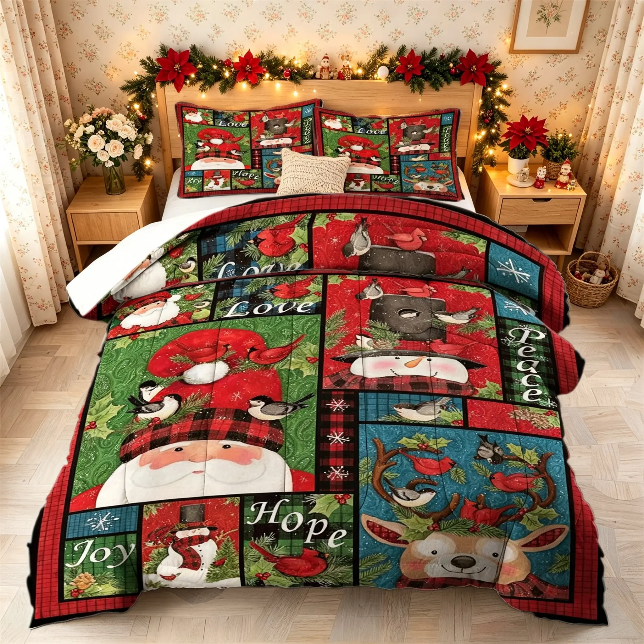 2/3Pcs Vintage Santa Claus Print Comforter Set, Soft Quilt with Pillowcase, Stylish Bedding Set, Suitable for Adults & Family, Perfect for Bedroom Decoration, Great Holiday Gift Choice, Creates Warm Retro Christmas Home Atmosphere