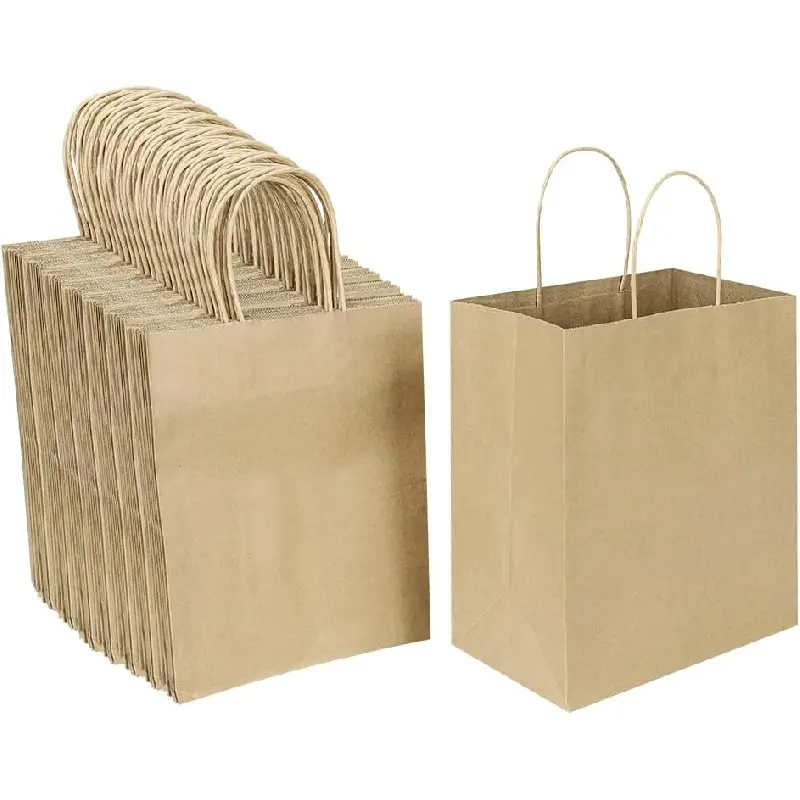 Eco-Friendly Biodegradable Durable Kraft Paper Bags with Handles, 100-Pack 8x4.75x10in Medium Brown Commodity Bags for Wedding, Grocery, Customizable Plain Natural Goody Sacks for Retail Business Craft Gifts